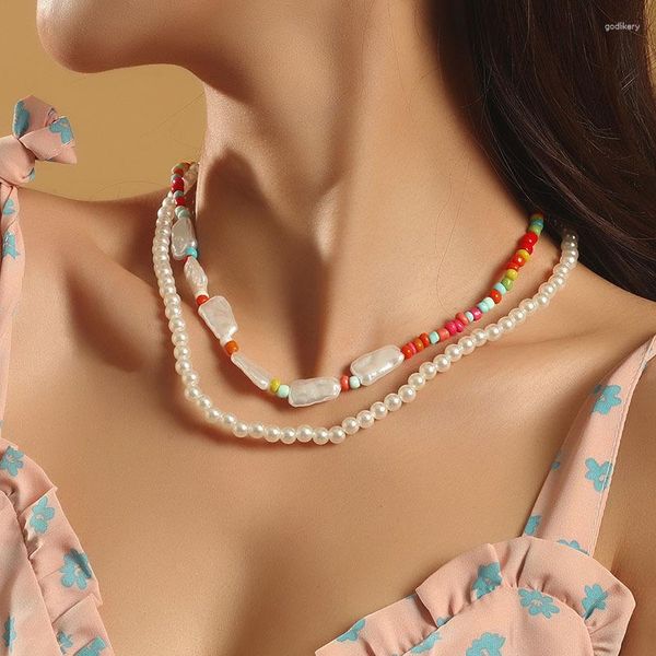 Choker 2 PCs/Set Boho Damen mehrschichtige Perlen Große Imitation Perlen handgefertigte Perlenhärter übertriebene Halsketten für Frauen Schmuck