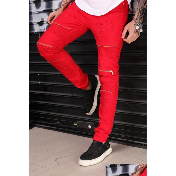 Herren Jeans Herren Herren männy gerissene Reißverschluss Straight Casualhose Jungen Löcher ausnutzen Trend Nachtclub gestorben