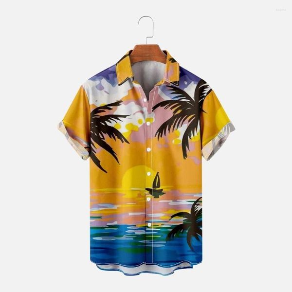 Erkekler Sıradan Gömlekler 2023 Yaz Erkekler 3D Baskılı Tatil Plajı Hindistan Cevizi Palmiye Dönüş Yaka Şortları Kollu Erkek Üstler