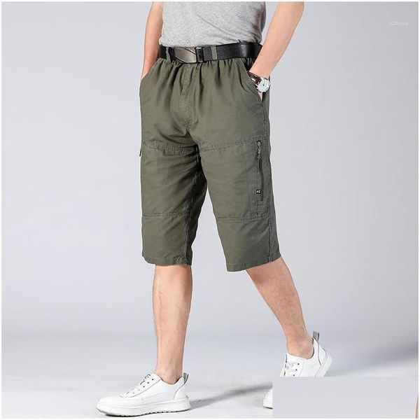Shorts masculinos masculinos de longa cargo de bolso seguro zíper bermuda joelho masculino na cintura elástica de algodão solto verão calcinhas 3/4 calça d dhbho