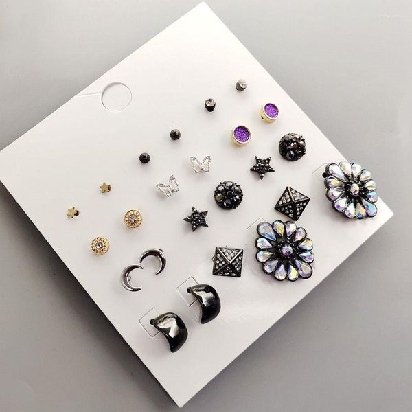 Orecchini per borchie Fashion Crystal Star Moon Set per donne Black Square Round Flower Flower Butterfly Party Gift