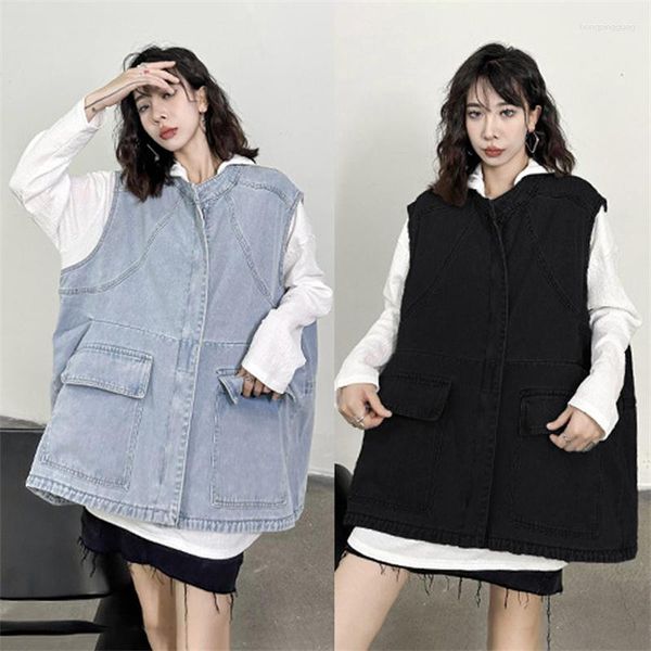 Trench feminina casacos vintage hong kong colar de gola em pé de jeans solta e moda azul em camadas em camadas outumn 2023