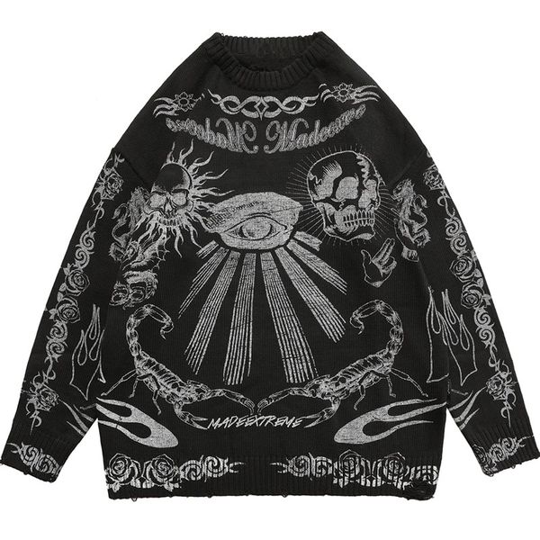 Kadın Sweaters Gotik Moda High Street Harajuku Punk Rock Hip Hop Kafatası Alev Karanlık Y2K Crew Boyun Uzun Kollu Sıcak Örgü Sweater Kız 90'lar 230817