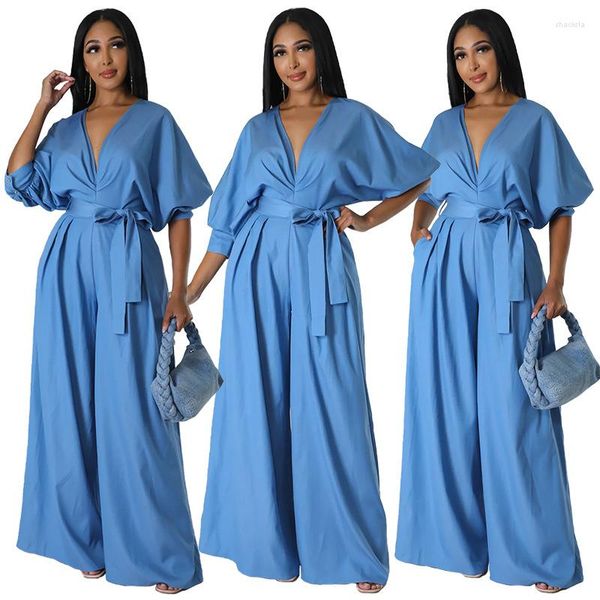 Frauen zwei Stück Hosen Blau V-Ausschnitt Rompers 2023 Sommer-Jumpsuits Frauen ein ärmellose Overalls Short Bodycon High Taille