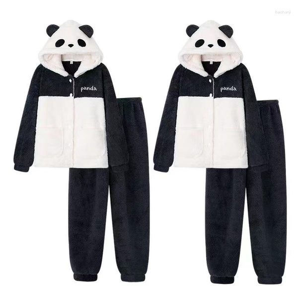 Herren Nachtwäsche 2023 Winterpaar Langarm mit Kapuze mit Kapuzendicke warme Flanellpyjama -Sets für Männer süße Cartoon Panda Frauen Homewear Kleidung