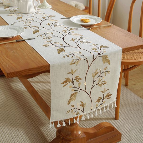 Table Runner Runner Luxo Bordado de linho de algodão Runner Trela ​​Tassel para Hainning Table Tabel Tapete de Casamento Decorações de Casamento 230817