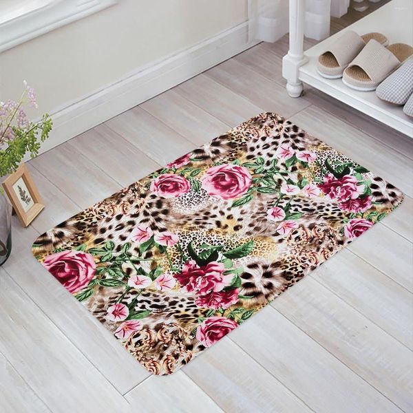 Tapetes leopard rosa arte de flor do chão de flor da porta de entrada da porta de cozinha tapete de cozinha não deslize capacho de banheiro decoração de casa