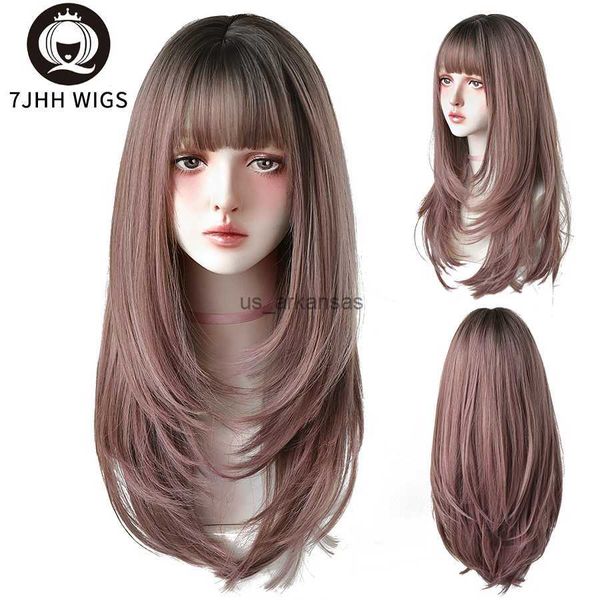 Синтетические парики 7JHH Синтетические парики длинные прямые розовые коричневые волосы с окрашены в черные парики с челкой для женщин с теплостойким модным париком HKD230818