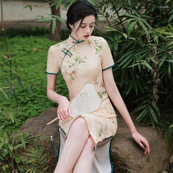 Abbigliamento etnico vestito cinese tradizionale stampa floreale manica corta manica cheongsam colletto bodycon stretto donna