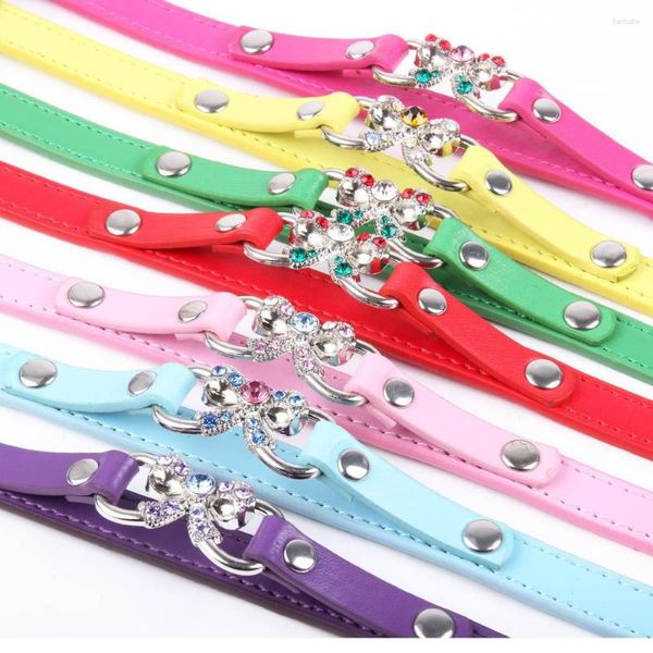 Colarinho de cachorro colorido strass arco de couro PU e colar de gato adequado para pequena coleira de pet de tamanho médio