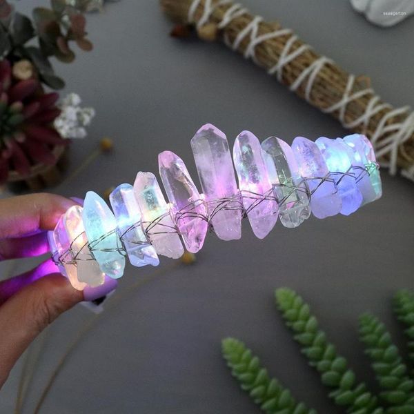 Clip per capelli Crystal Crown Halloween Decoration Headband Tiara di quarzo Led Gift Festival di matrimonio naturale naturale colorato