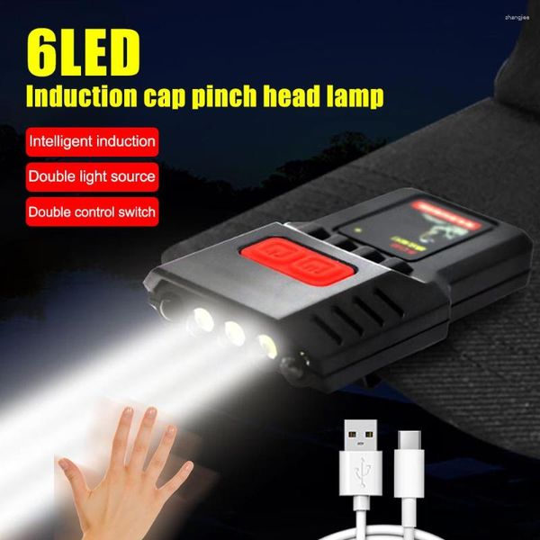 Farlar Yükseltilmiş-6 LED IR hareket sensörü şapka klipsli ışık indüksiyon far usb şarj edilebilir far balıkçılık kafa lambası