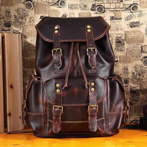 Mochila Bolsa de ombro de couro de grande capacidade Esportes ao ar livre Multi-bolos de viagem masculina moda de petróleo casual Cera de cera