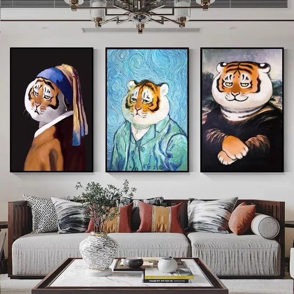 Cartoon Art Canvas Malerei Van Gogh und Mona Lisa Funny Tiger Head Poster Drucke Wandkunst Bild für Wohnzimmer Schlafzimmer Wohnkultur wo6