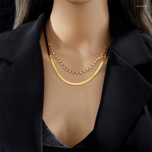 Anhänger Halsketten Minar Zarter 18k Gold PVD plattiert Titanstahl Doppelschichtes Perlenquasten breit flach herribon kreife Halskette für