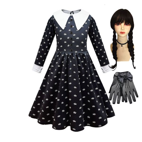 Cosplay Girl quarta -feira Addams Dress Crianças Peter Pan Collar Cosplay Costume Kids Manga Longa Fantasy Spring Autumn Skater Dress 230818