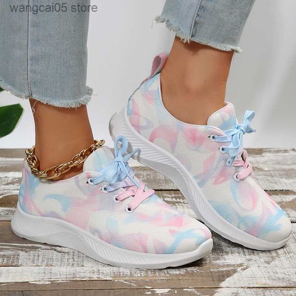 Kleiderschuhe trendige Krawattenfarbe Casual Sneakers Frauen 2023 Herbst Atmungsfreie Schnürflats Frau Plus Größe 43 Nicht -Slip -Weich -Bottom -Wanderschuhe T230818