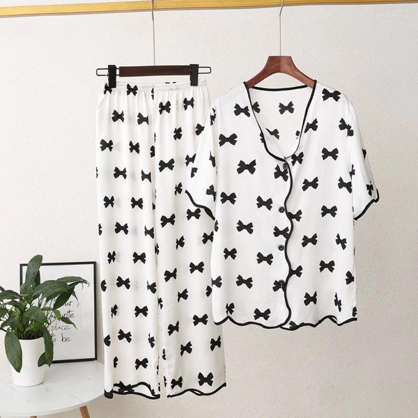 Pijamas de seda de gelo coreano feminino 2 peças para mulheres cetim casas casas doces moda de noite arco padrão lotus folha pijama faux pijama