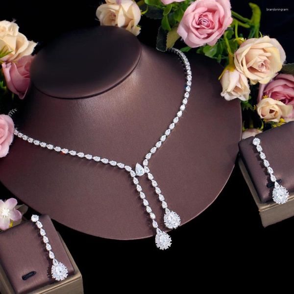 Orecchini di collana set Cwwzirconi Eleganti splendidi gocce di acqua lunga pericolosa goccia zircone cubica per le orecchie da sposa gioielli da sposa per donne t720