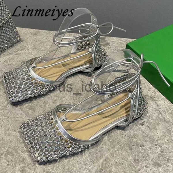 Sandalen neues Netz eingelegtes Strasssteine ​​Flats Sandalen Frauen sexy Quadratzehen Suchgurt Frau Heißverkauf Crystal Flat Party Schuhe Mujer J230818