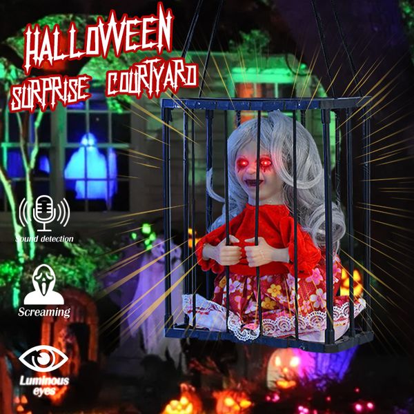 Outra festa de eventos suprimentos de terror Halloween Talk Toys Flashing Light Sound Doll Doll Scare Skeleton Ghost Prisioneiro Hallowen Party Decoração Assombrada House House Props 230817
