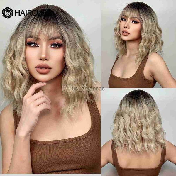 Synthetische Perücken Haircube mittelgroße wellige synthetische Perücken mit Pony für Frauen Ombre braun blonde natürliche Perücken hitzebeständiges Cosplay -Haar HKD230818