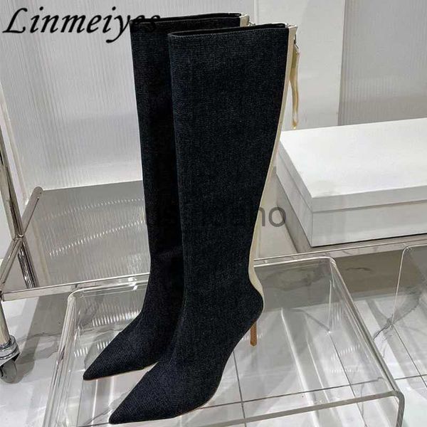 Stivali concisi stivali a gamba sottile ginocchiera Donne sexy Sexy denim Pumpe a punta appuntite di punta Domande femminile Stiletto Stivali lunghi moderni Woman J230818