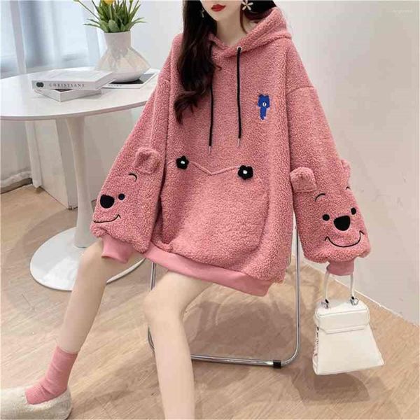 Kadın Hoodies Fashion Bear Nakış Sweatshirt HOVIE Hip Hop Kırmızı Karikatür Kış Büyük Boyutlu Harajuku Anime Katlar Sokak Giyim Kız