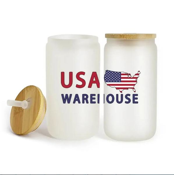 16oz USA Warehouse Wasserflaschen DIY leere Sublimationsdosenbecher geformte Bierglasbecher mit Bambusdeckel und Strohhalm für Eiskaffee Soda Can Stock