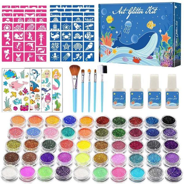 Tatuagens temporárias 50Colors Glitter Tattoo Conjunto de maquiagem de maquiagem de maquiagem cola de halloween Party Face Body Art Kits For Kids 2308017