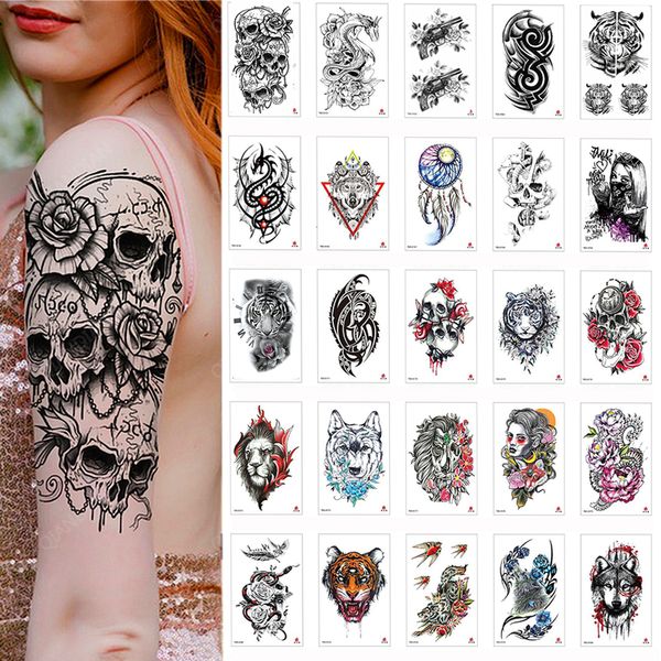 Tatouages temporaires 100 pièces en gros autocollant de tatouage étanche Dragon Tigre Crâne Foudre Fleur Papillon Corps Bras Homme Femmes Tatoo 230825