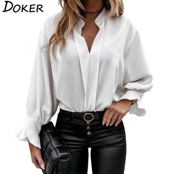 Herbst White Blouse Women Mode V-Ausschnitt Rüsche Langarm Elegante Büro Damen Shirts Plus Size Casual Tops