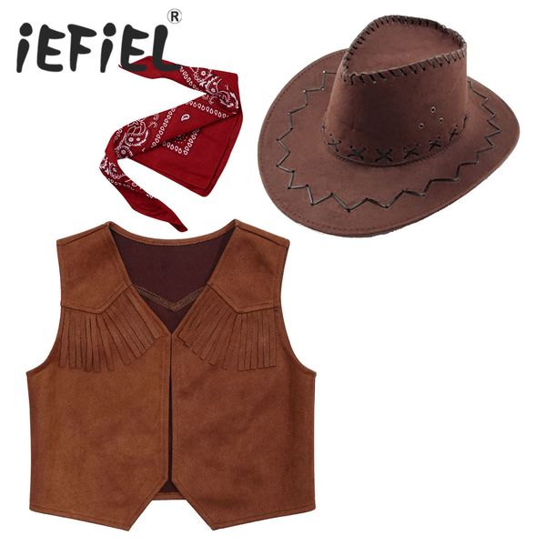 Жилет костюма Western Cowboy Costume с банданной и шляпой для шляпы для шляпы для карнавальной карнавальной вечеринки с бандавой и