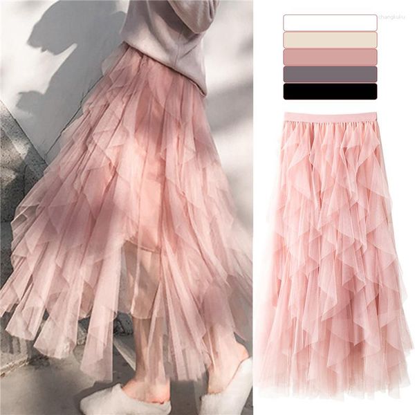 Röcke Frauen Tüll Kuchen -Maschen -Rock unregelmäßiger langes Falten Tutu Eleganter Damen Elastische Taille Gaze Puffy Fairy Vielseitige Halbkleid