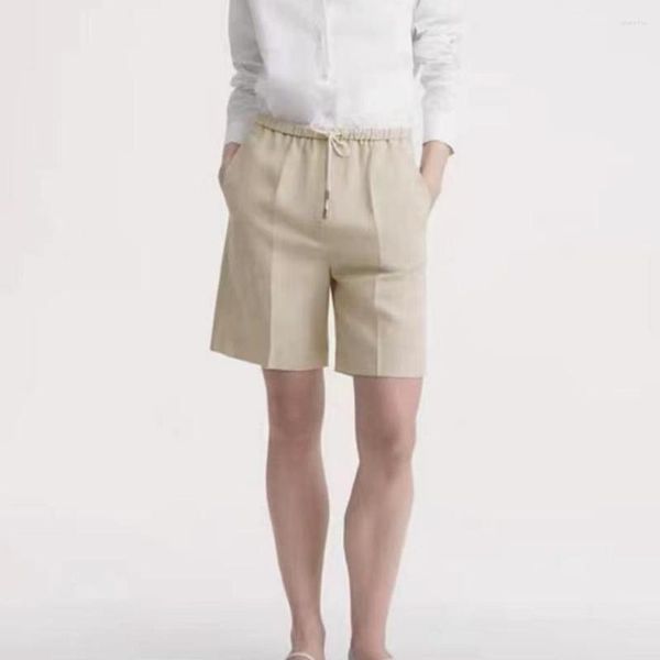 Shorts femininos 2023 verão escuro bege plissado cordão solto de cor sólida calças longas