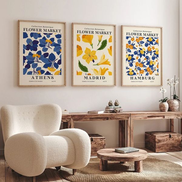 Boho Matisse Flower Canvas pintando azul