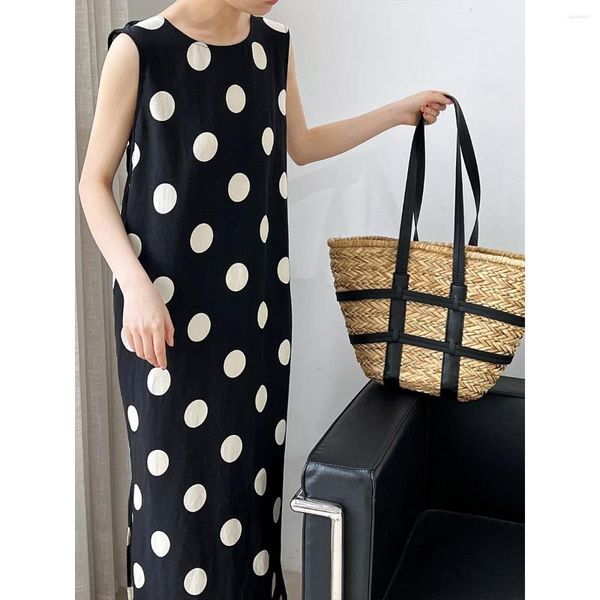 Lässige Kleider 2023 Frauen Sommer Baumwolle Leinen Material O-Hals Dots Drucken lang kleiderhaarlos losen Stil Maxi Vestidos