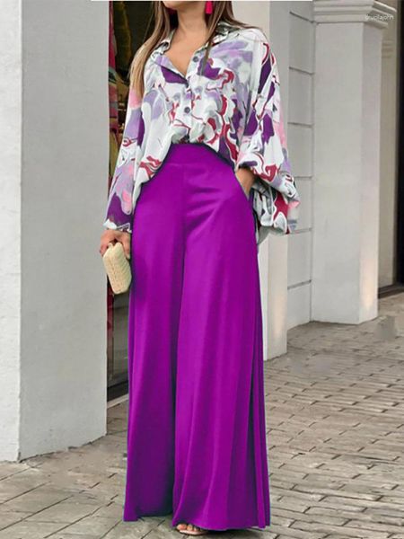 Damen zweisteuelhafte Hosen Ladies Chic Anzug Blumendruck Hemd Weitbein Revers Single Breasted Top Slim Taille Hosen elegant