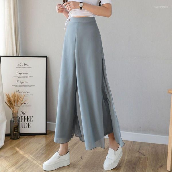 Calça feminina Moda coreana Mulheres de tamanho grande saia de chiffon Summer Streetwear Alta cintura de volta zíper casual Solid soltas largura de pernas largas calças