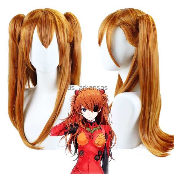 Parrucche sintetiche Joy Beauty Eva Asuka Langley Soryu cosplay parrucche lunghe arancione con 2 clip a coda di cavallo resistenti al calore parrucca di capelli sintetici + bacchette parrucca HKD230818