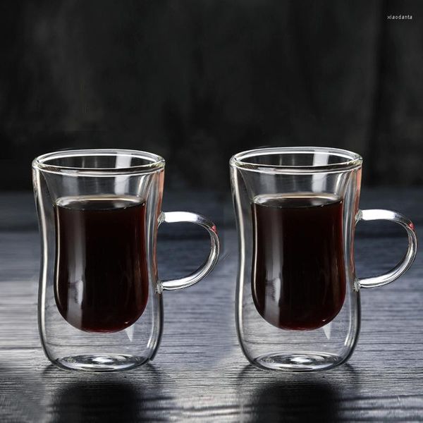 Tazze 2pcs da 80 ml tazza di caffè in vetro a doppio strato tazza in stile europeo con manico di tazze da caffè espresso