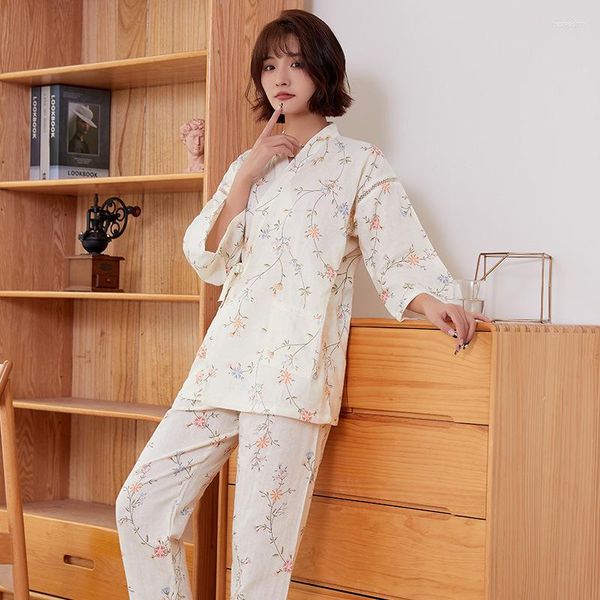 Frauen im japanischen Stil Kimono Nachthemd Frauen Gaze Dünne Pyjama lose und bequeme Hauskleidung drei Viertelhosen Anzüge 2