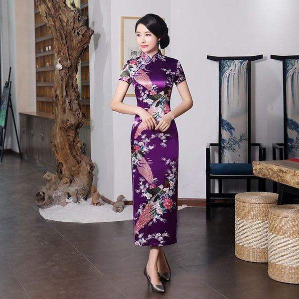 Abbigliamento etnico Donne sexy Domande in raso Daily Casual Dress Summer Long Qipao Flower Chinese Cheongsam Abiti per gli ospiti Madre di sposa