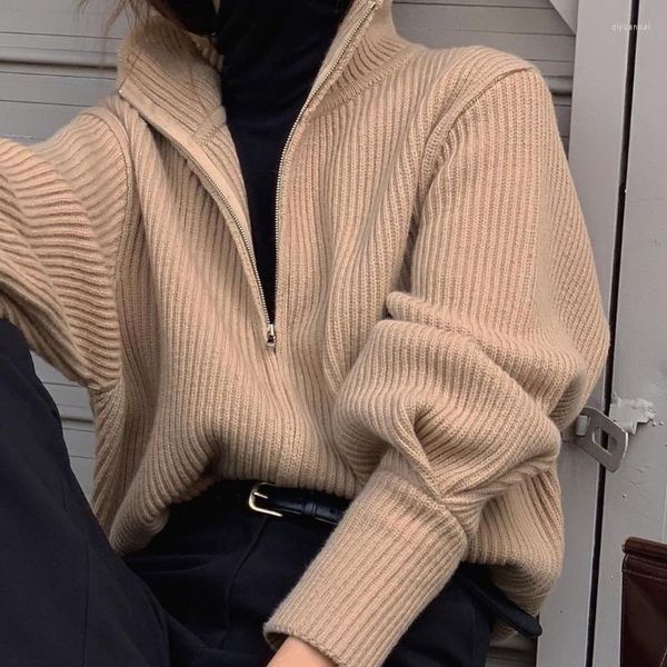 Camisolas femininas Autumn Winter Women Sweater Solid Simple Turtleneck Zipper solto quente All Match mate Casats tops Outwear