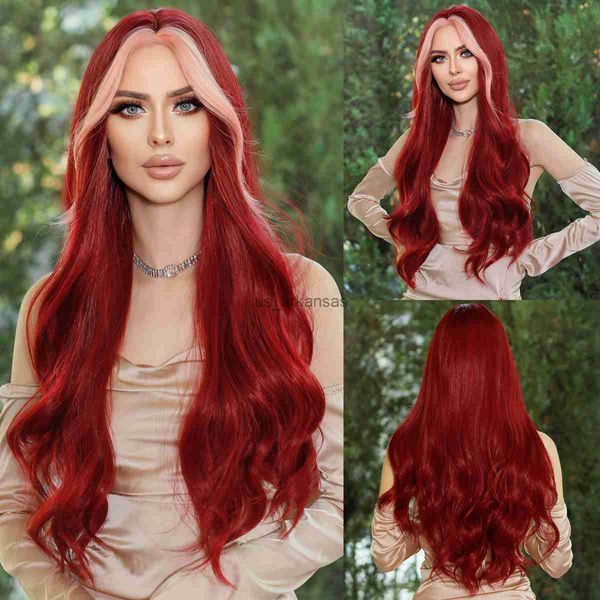 Синтетические парики NAMM Long Wavy Middle Part Vine Red Wig для женщин ежедневно косплей Синтетическая выделение розовые парики для волос Лолита Теплостойкость HKD230818