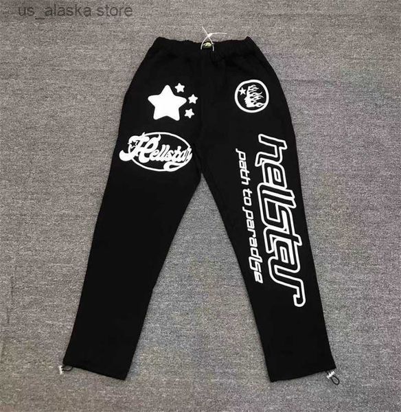 Calça masculina Hellstar Black Letter Padrão de letra estampada Cantura elástica High Street 1 1 Algodão puro Men e feminino Sports Casual Pants T230818