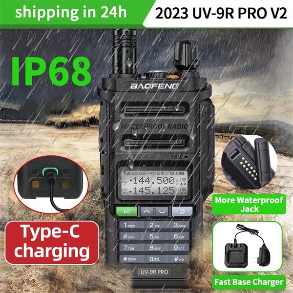 Walkie Talkie 2023 Baofeng UV 9R V2 Impermeável IP68 Tipo C Charger poderoso UHF VHF Long Range Plus Ham CB Radio 230816