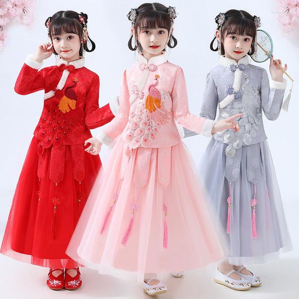 Roupas étnicas Autumn e Winter Girls 'Hanfu Tang Suit de mangas compridas Two Princess Skirt Party Festume Wedding Flower Children