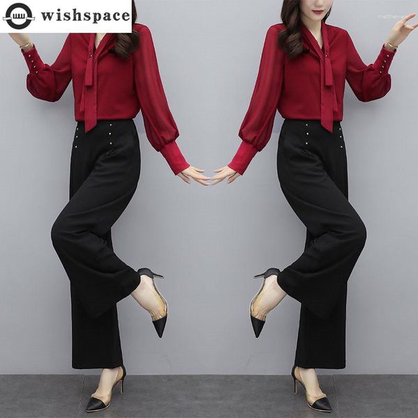 Calça de duas peças de duas peças coreanas tade de outono de chiffon camisa casual calças de perna larga de duas peças elegante conjunto feminino