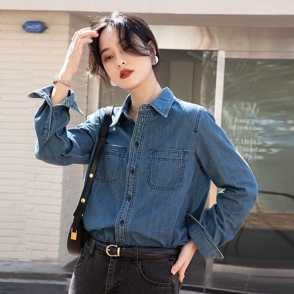 Frauenblusen Vintage Women Denim Shirts Damen Tops und 2023 Langarm -Kleidungsknopf nach oben locker